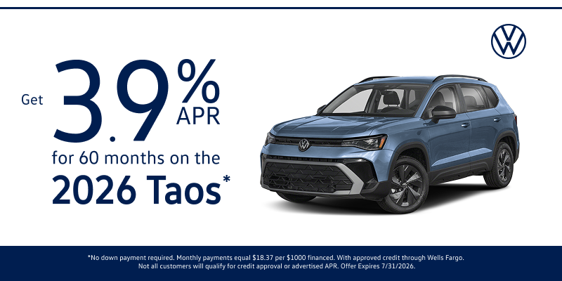 Get 3.9% APR for 60 months on the 2026 Taos*