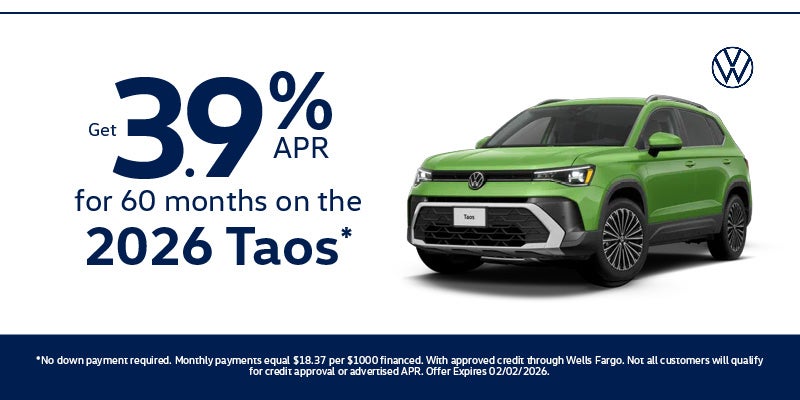 Get 3.9% APR for 60 months on the 2026 Taos*