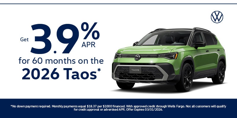 Get 3.9% APR for 60 months on the 2026 Taos*