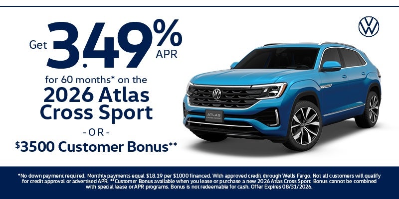 Get 3.49% APR for 60 months on the 2026 Atlas Cross Sport*