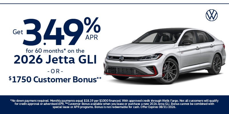 Get 3.49% APR for 60 months on the 2026 Jetta GLI